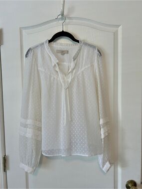 LOFT White Swiss Dot Tie-Neck Blouse